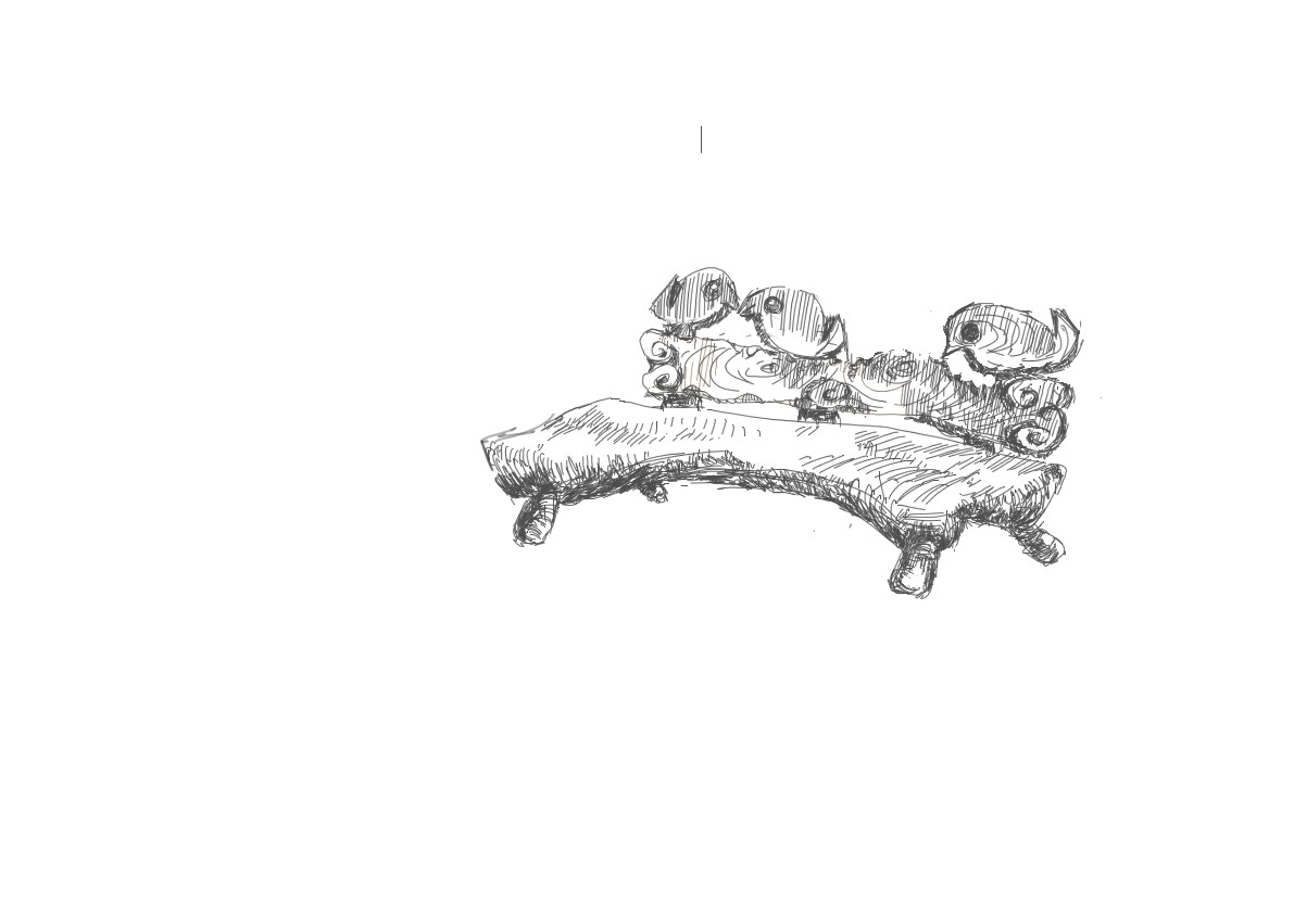 Szkic ołówkiem przedstawia rzeźbę plenerową o charakterze informacyjno-dekoracyjnym, przypominającą ławkę z ozdobnymi elementami, wykonaną prawdopodobnie z drewna lub kamienia.